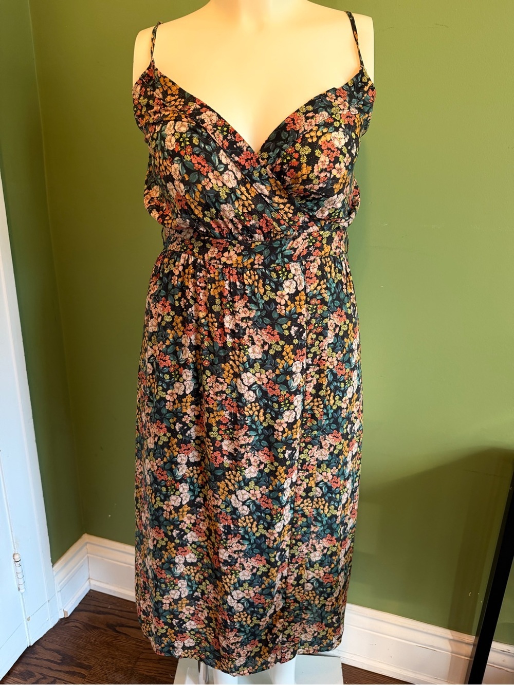 Dynamite Black Floral Midi Dress with Pink & Yellow Blooms